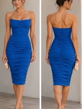 Strapless Ruched Midi Dress in Cobalt Blue